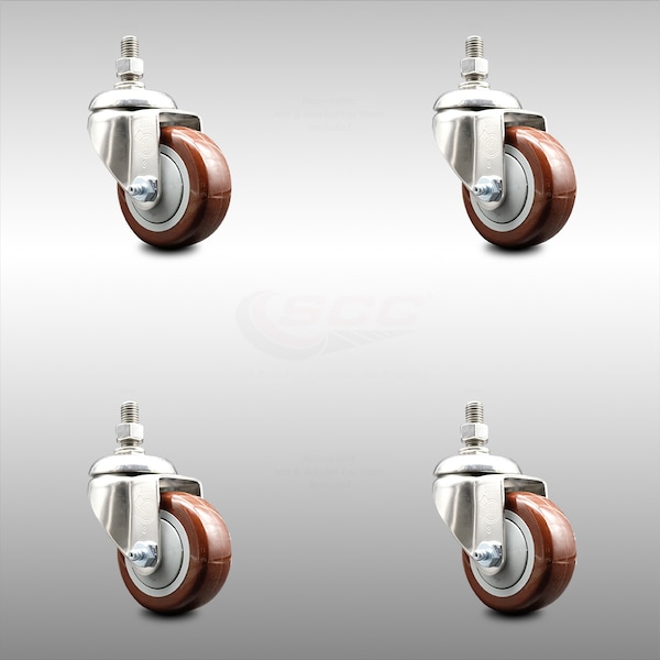 Service Caster 3.5 Inch 316SS Maroon Polyurethane Swivel 12mm Threaded Stem Caster Set SCC SCC-SS316TS20S3514-PPUB-MRN-M1215-4 - main
